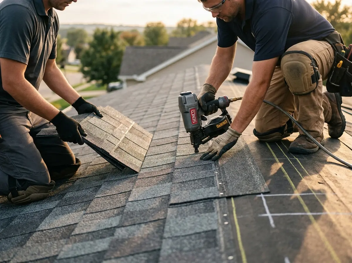 Professional roofer working on a residential roof in Hanson